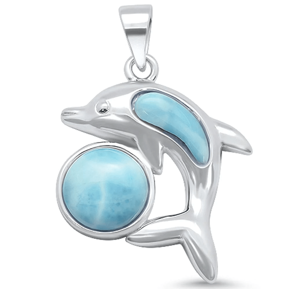 Natural Larimar Ball & Dolphin Design .925 Sterling Silver Pendant